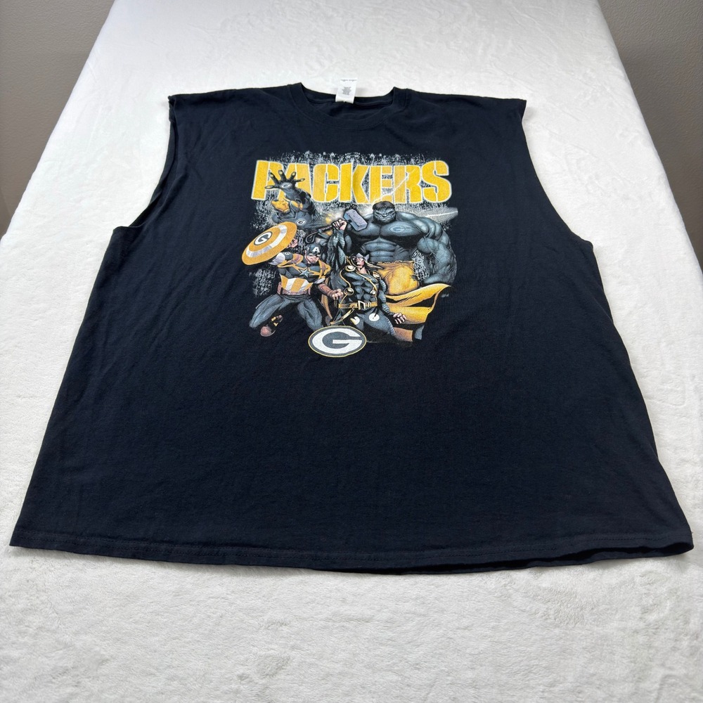 Gildan Marvel Avengers Green Bay Packers Muscle Tee Mens 2XL Black Good Graphic